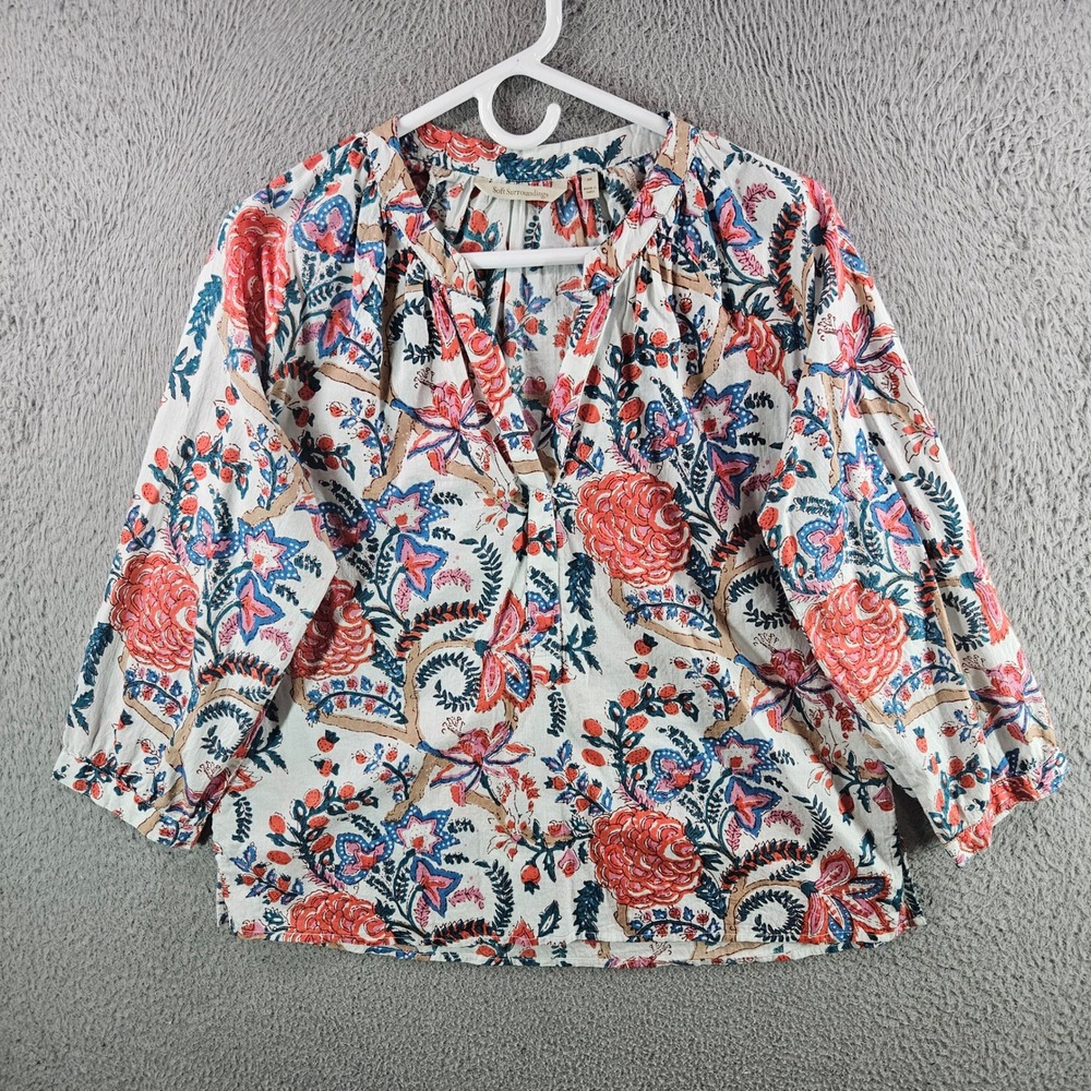 Soft Surroundings Floral Cotton Split Neck Blouse Top White Coral Blue Size M